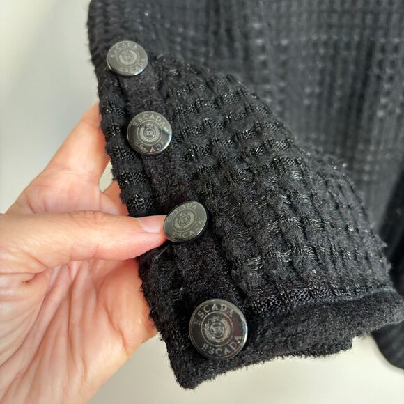 Escada VTG Wool Blend Fur Collar Cardigan Sweater Womens 38 Black Waffle Thermal - Picture 3 of 10